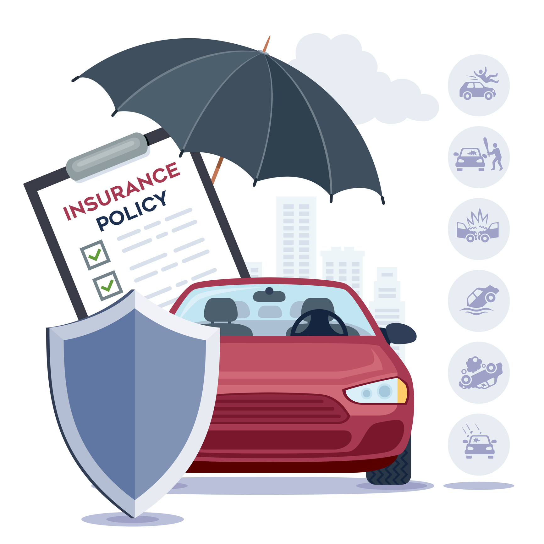 Car insurance policy graphic with car damage icons
